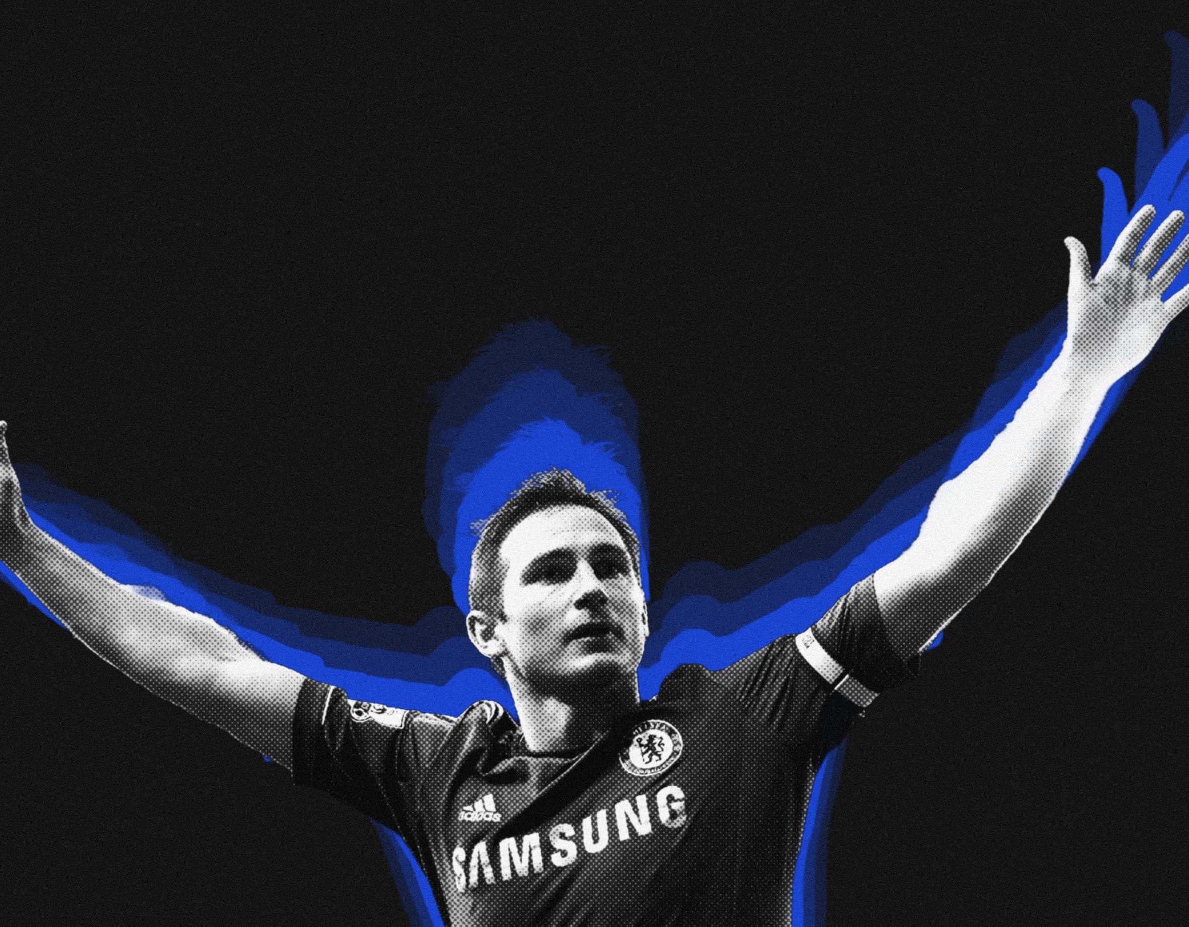 A Chelsea player celebrating with arms outstretched, in black and white with electric-blue silhouettes.